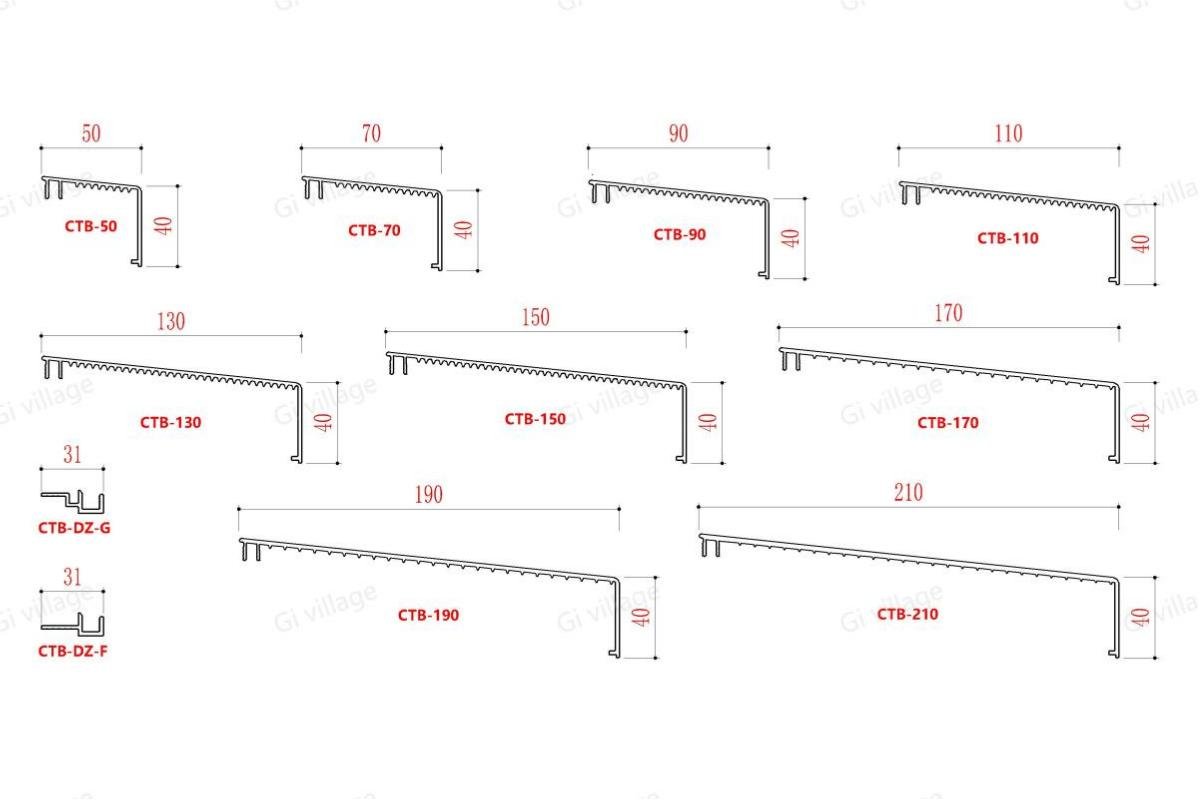 CTB series aluminum window sill models 50mm to 210mm width technical drawing