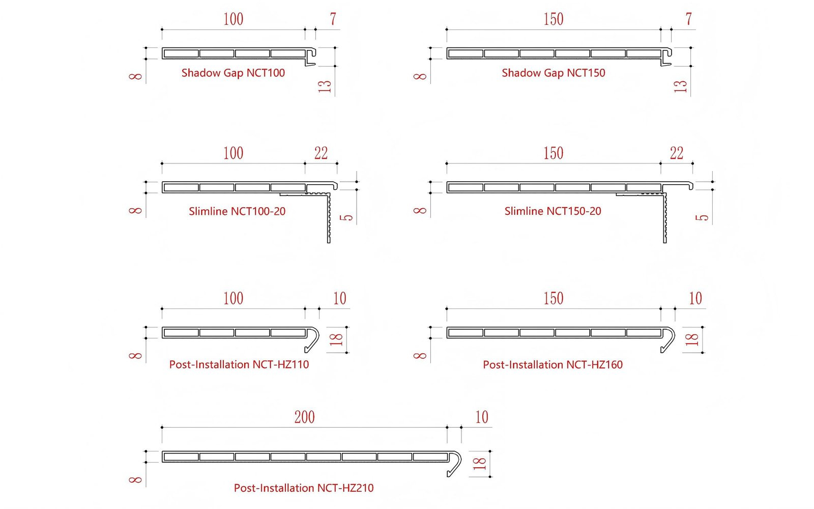 NCT aluminum interior window casing cross sections — Shadow Gap, Slimline, and Post-Installation profiles from 100mm to 210mm