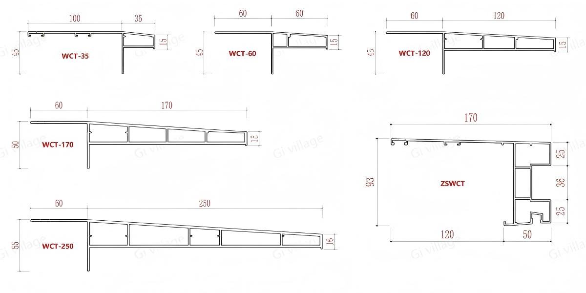 Exterior window casing cross sections — WCT and ZSWCT profiles from 35mm to 250mm projection