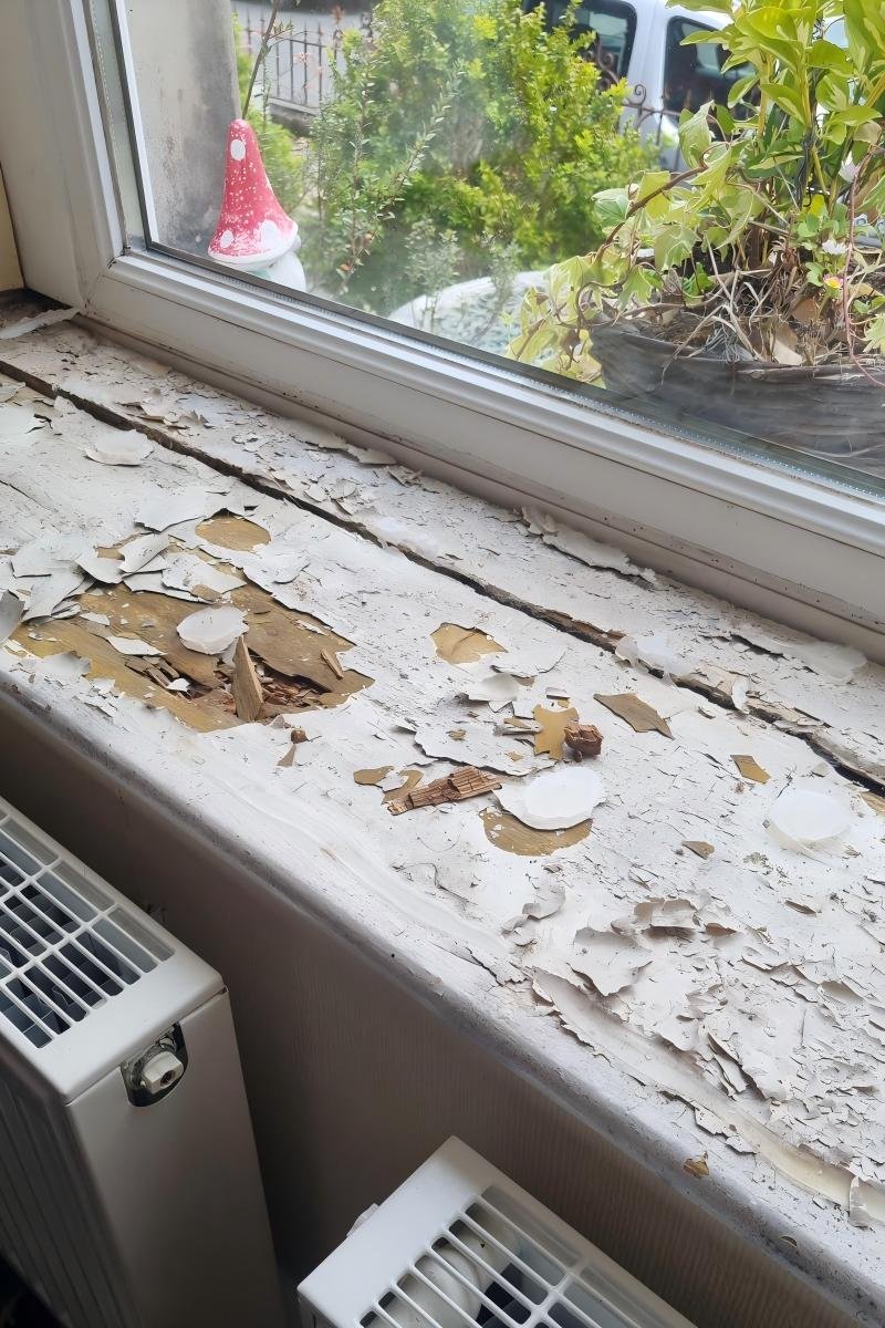 Peeling painted wooden window sill with moisture damage — before aluminum casing